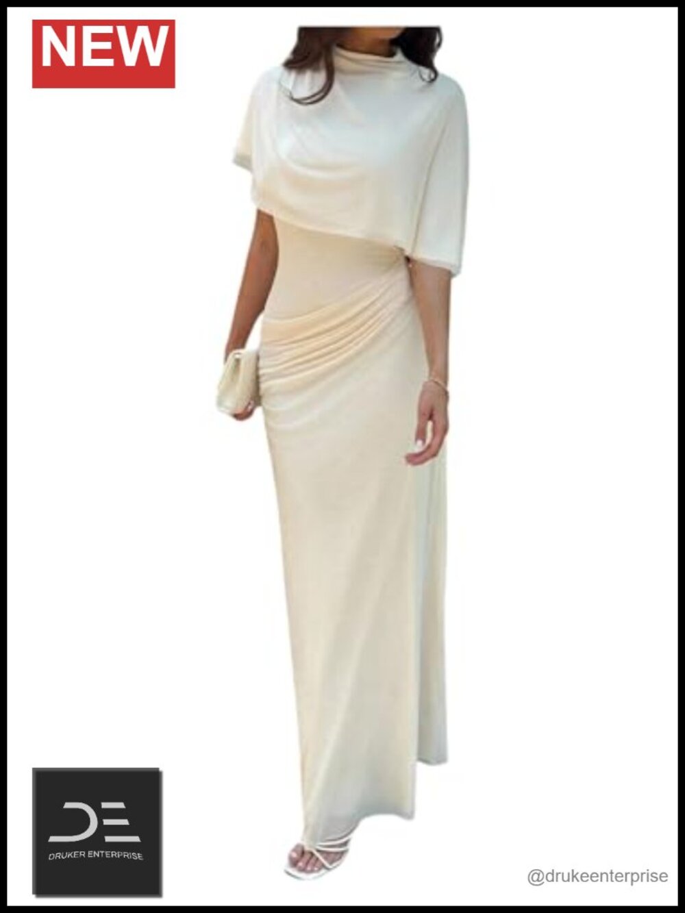 Elegant Cape Draped Maxi Dress Short Sleeve Crew Neck Bodycon Formal